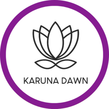 Minimalist black lotus flower logo with the text “KARUNA DAWN” beneath it.